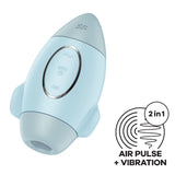 The Satisfyer Mission Control, a light blue rocket-shaped stimulator, features buttons on its body and an opening at the tip. It has 2 in 1 functionality for air pulse and vibration, with AIR PULSE + VIBRATION next to a wave-like symbol.