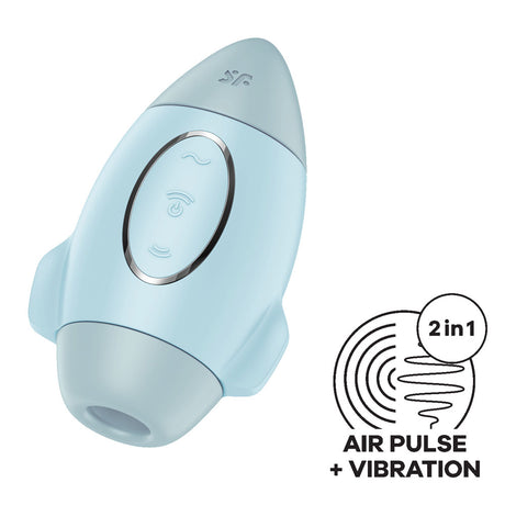 The Satisfyer Mission Control, a light blue rocket-shaped stimulator, features buttons on its body and an opening at the tip. It has 2 in 1 functionality for air pulse and vibration, with AIR PULSE + VIBRATION next to a wave-like symbol.