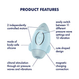 The Satisfyer Mission Control is a light blue rocket-shaped personal massager featuring two independently controlled motors, body-safe silicone, clitoral stimulation via air pressure waves and vibrations, offering 11 pressure wave settings, 12 vibration modes, and magnetic charging.