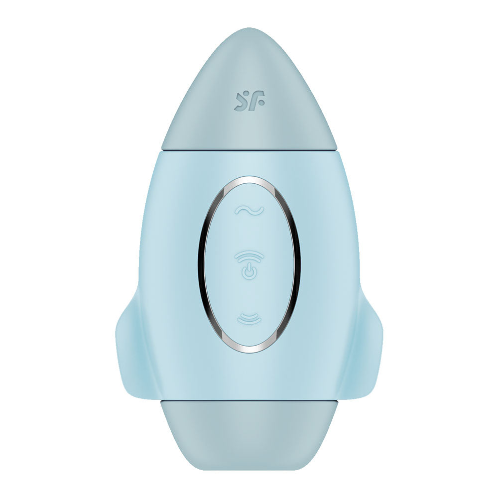 The Satisfyer Mission Control is a sleek, compact, rocket-shaped blue stimulator with a pointed top and two small wings. It features a central oval silver panel with wave icons and a power button, plus an embossed logo above it.