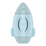 The Satisfyer Mission Control is a sleek, compact, rocket-shaped blue stimulator with a pointed top and two small wings. It features a central oval silver panel with wave icons and a power button, plus an embossed logo above it.