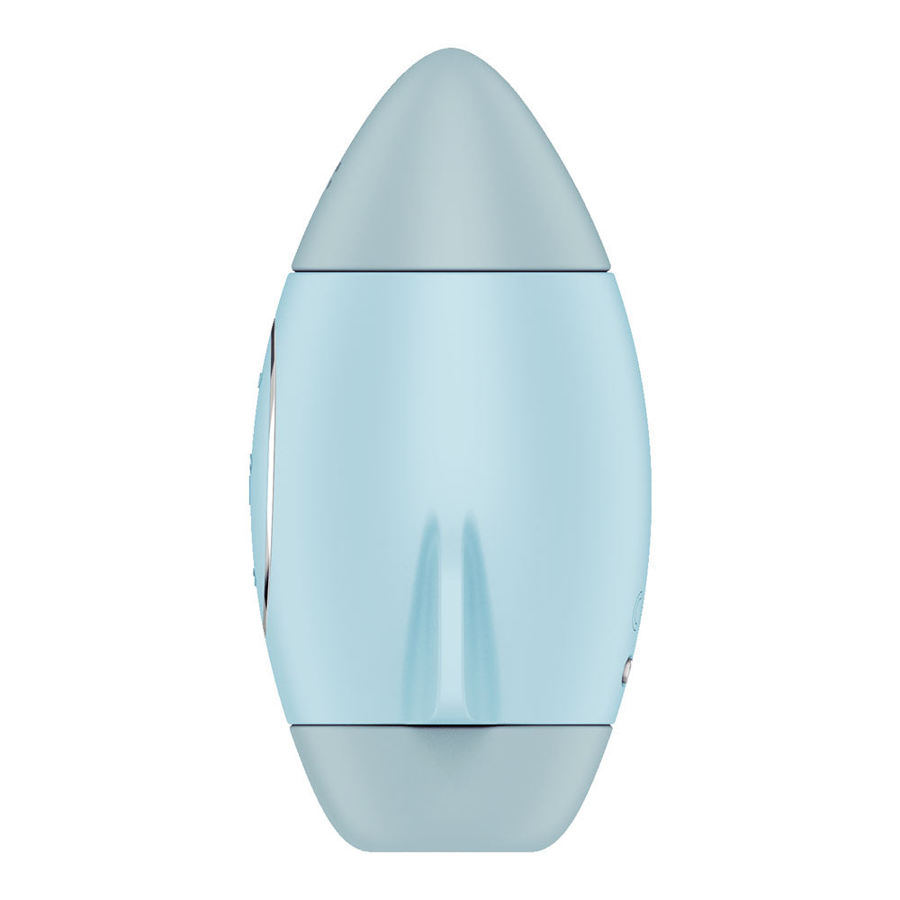 The image features the Satisfyer Mission Control, a modern, streamlined light blue egg-shaped USB rechargeable vibrating air pulse stimulator with smooth surfaces, symmetrical design, and two darker blue caps on either end, with a central band.