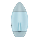 The image features the Satisfyer Mission Control, a modern, streamlined light blue egg-shaped USB rechargeable vibrating air pulse stimulator with smooth surfaces, symmetrical design, and two darker blue caps on either end, with a central band.