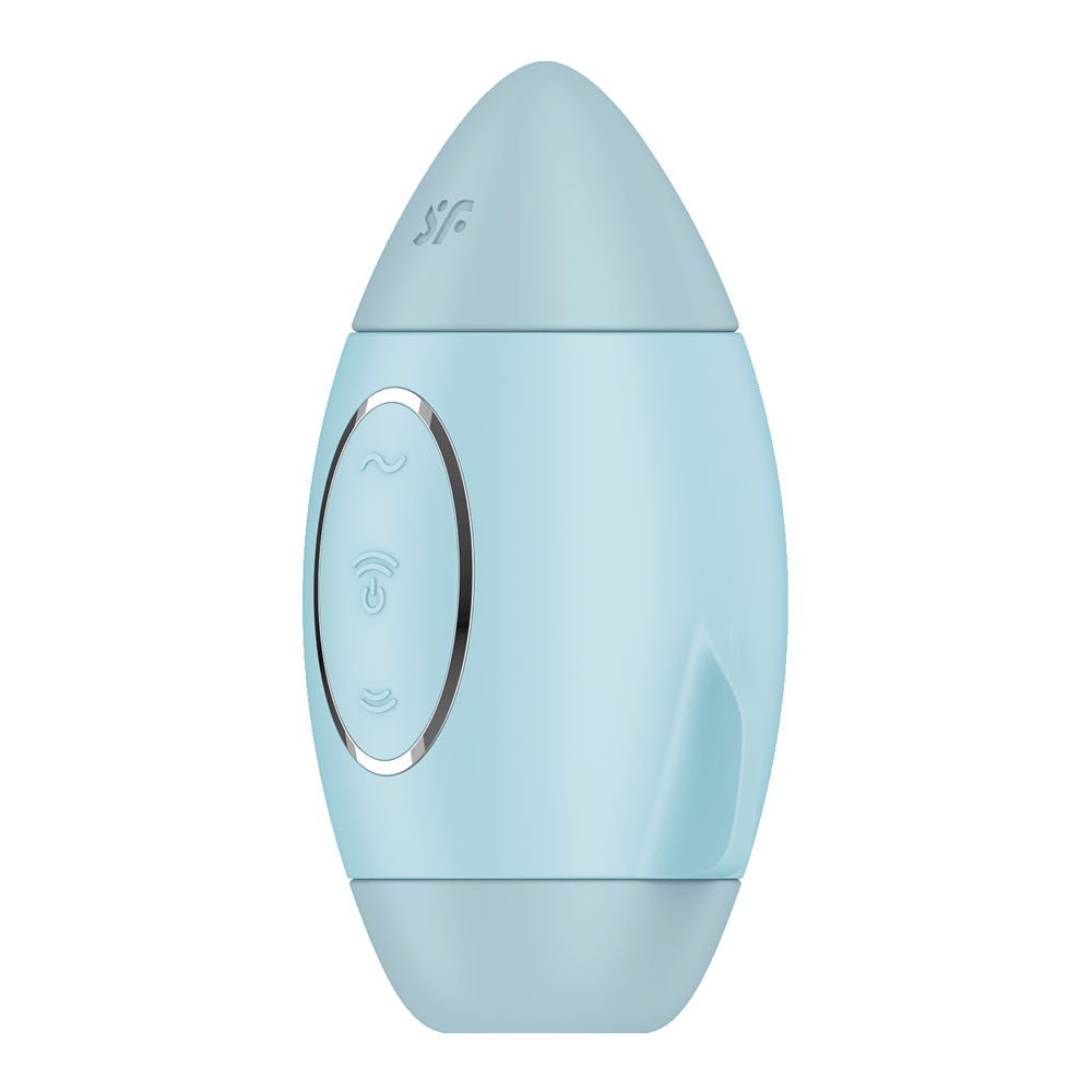 The Satisfyer Mission Control - Blue is an oval, blue handheld device with a smooth surface, featuring a metallic ring around two buttons with wave and eye icons. It has tapered ends and a logo near the top, resembling a compact gadget.