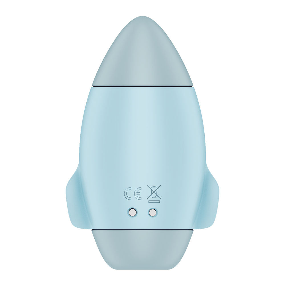 The Satisfyer Mission Control is a light blue, rocket-shaped stimulator with a smooth design, gray tip and base, and two small wings. It features two circular connectors on the bottom and bears the CE mark plus a crossed-out wheelie bin symbol for compliance and disposal.