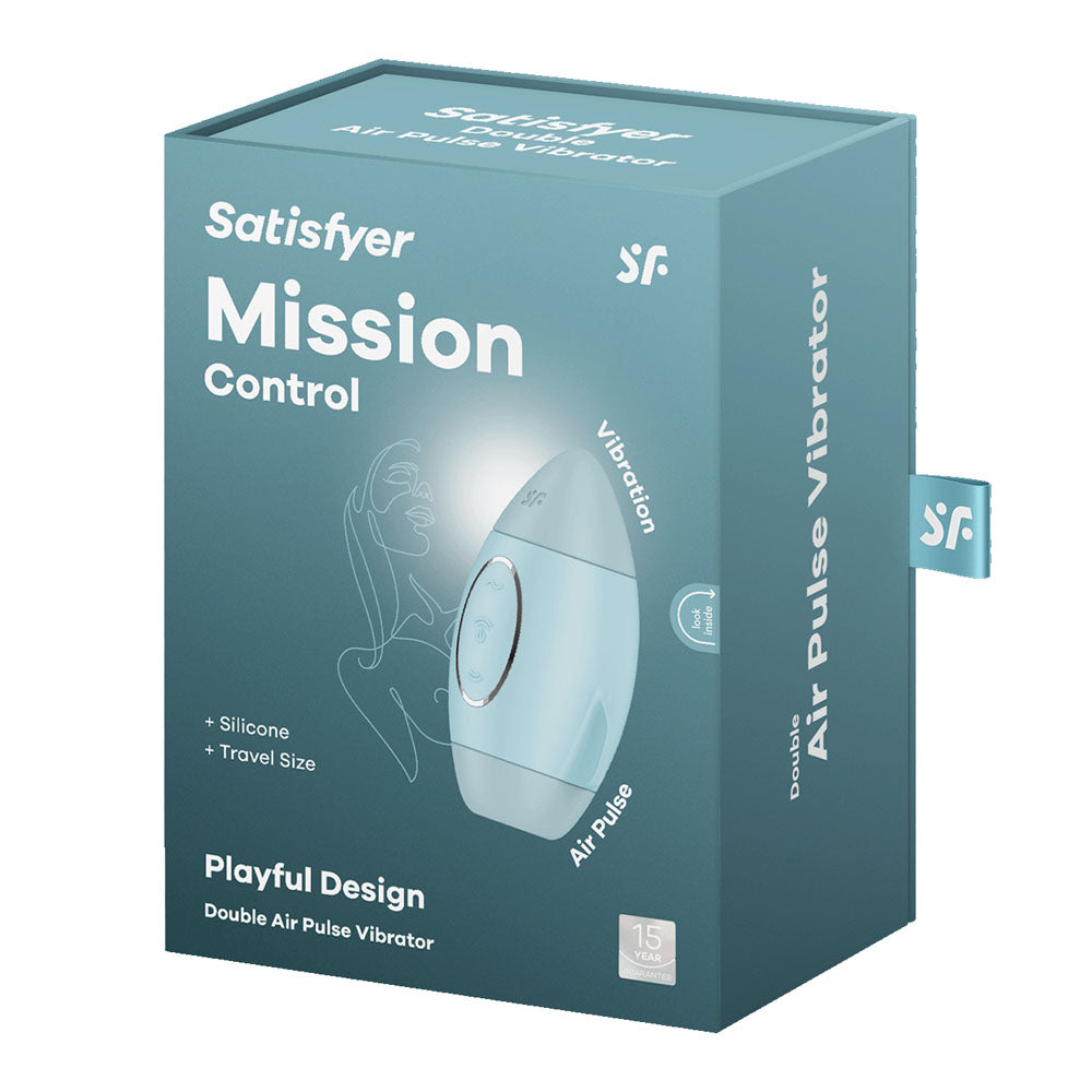 The Satisfyer Mission Controls box is aqua with white text, featuring the product image. It highlights features like Playful Design, Silicone, and Travel Size, accompanied by icons for Vibration and Air Pulse.