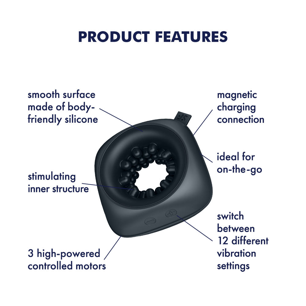 Introducing the Satisfyer Ring Stroker - Black USB Rechargeable Vibrating Masturbator, a circular silicone device with a stimulating interior. Its waterproof and features three powerful motors with 12 vibration settings, plus a magnetic charging connection for versatile use.