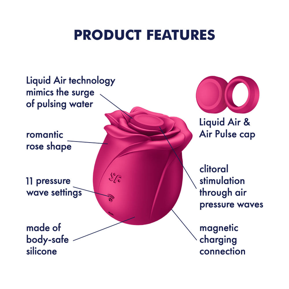 The Satisfyer Pro 2 Classic Blossom, a red rose-shaped stimulator made from body-safe silicone, features Liquid Air Technology, 11 pressure wave settings, a magnetic USB charging connection, and a removable Air & Pulse cap for enhanced romance and safety.