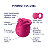 The Satisfyer Pro 2 Classic Blossom, a red rose-shaped stimulator made from body-safe silicone, features Liquid Air Technology, 11 pressure wave settings, a magnetic USB charging connection, and a removable Air & Pulse cap for enhanced romance and safety.