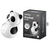 The Satisfyer Pocket Panda features a waterproof design with air pulse technology and an adorable panda look. This black USB rechargeable stimulator includes controls on its belly, and the packaging highlights its unique features.