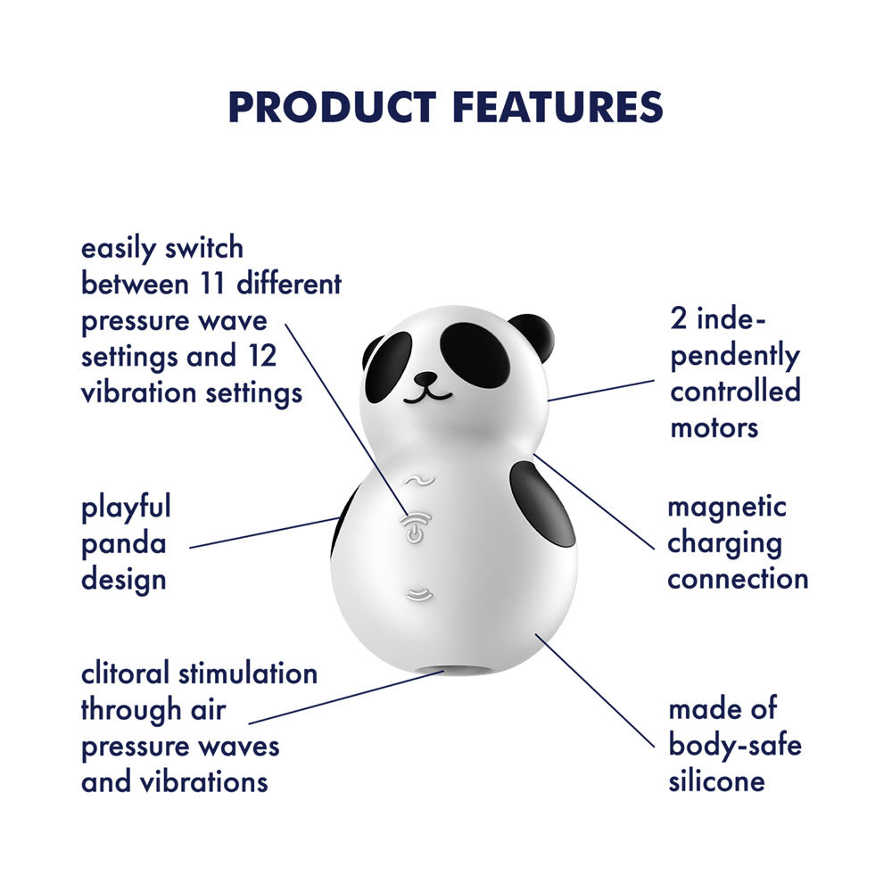 The Satisfyer Pocket Panda, a black USB rechargeable air pulse stimulator, offers 11 air pulse vibrator modes, 12 vibration settings, independently controlled motors, magnetic charging, body-safe silicone construction for clitoral stimulation, and a waterproof design.