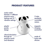 The Satisfyer Pocket Panda, a black USB rechargeable air pulse stimulator, offers 11 air pulse vibrator modes, 12 vibration settings, independently controlled motors, magnetic charging, body-safe silicone construction for clitoral stimulation, and a waterproof design.