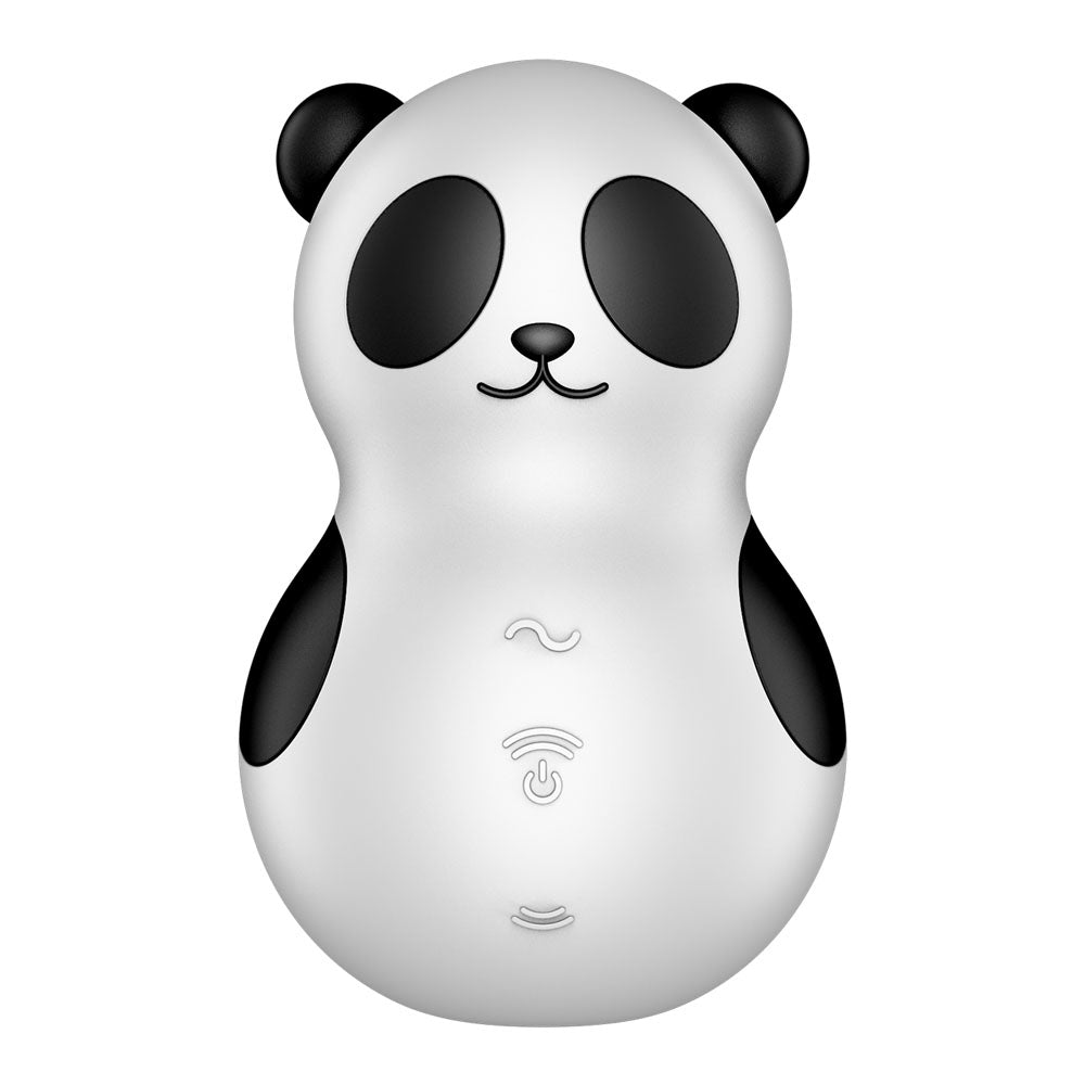 Introducing the Satisfyer Pocket Panda, a smooth stimulator with black panda features including ears, eyes, and limbs. Its cheerful face displays intuitive icons—a wavy line, power symbol, and another wavy line—highlighting its playful controls. USB rechargeable for convenience.