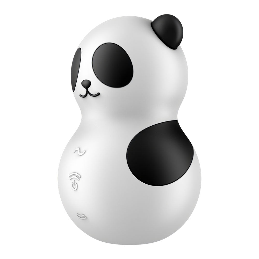 The Satisfyer Pocket Panda - Black USB Rechargeable Air Pulse Stimulator resembles a toy with its sleek white design and black accents, featuring panda-like oval eyes, round ears, and playful patches on its arms. Intuitive control icons add to its captivating and functional charm.