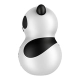 The Satisfyer Pocket Panda - Black USB Rechargeable Air Pulse Stimulator is a panda-themed device with minimalistic design, featuring glossy curves and black circular eye and ear patches on a white body, exuding playful elegance.