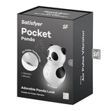 Box for the Satisfyer Pocket Panda - Black USB Rechargeable Air Pulse Stimulator features a cute panda design highlighting Vibration + Silicone, 15-year warranty, and an adorable look. This waterproof stimulator is displayed on the sleek black and grey box, showcasing its unique features.