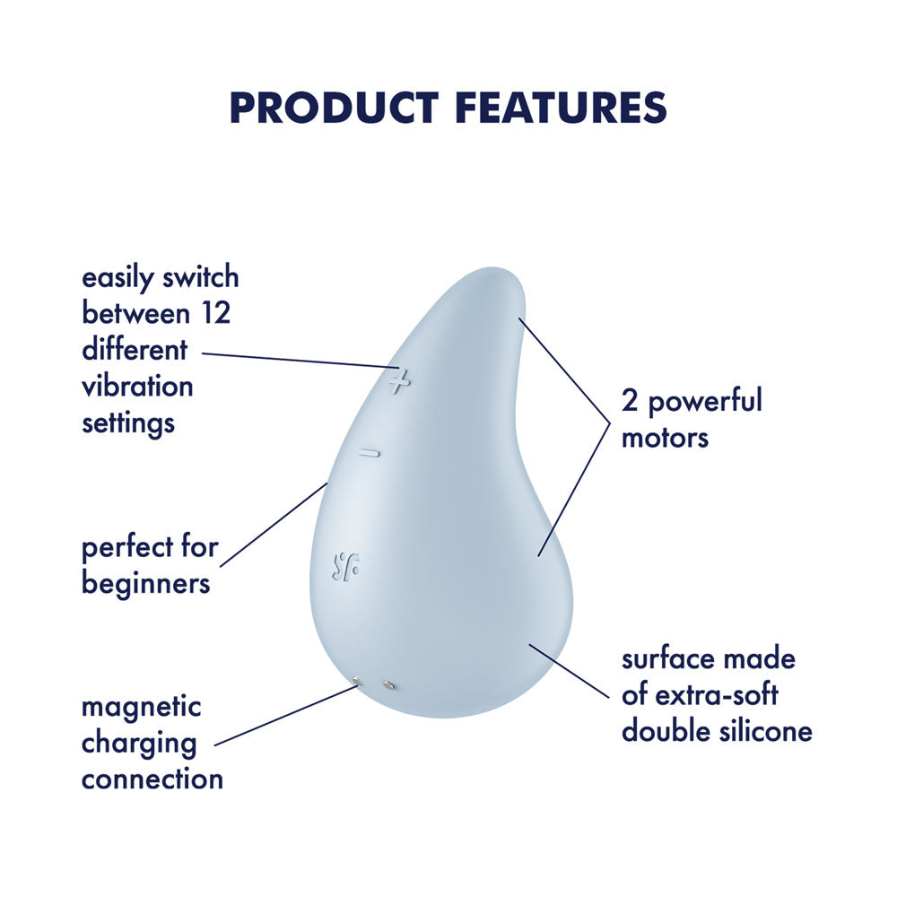 The Satisfyer Dew Drop - Light Blue USB Rechargeable Stimulator is a teardrop-shaped device featuring 12 vibration settings, magnetic charging, waterproof design, two powerful motors, and an extra-soft double silicone surface—perfect for beginners.