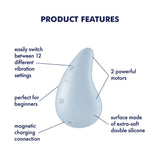 The Satisfyer Dew Drop - Light Blue USB Rechargeable Stimulator is a teardrop-shaped device featuring 12 vibration settings, magnetic charging, waterproof design, two powerful motors, and an extra-soft double silicone surface—perfect for beginners.