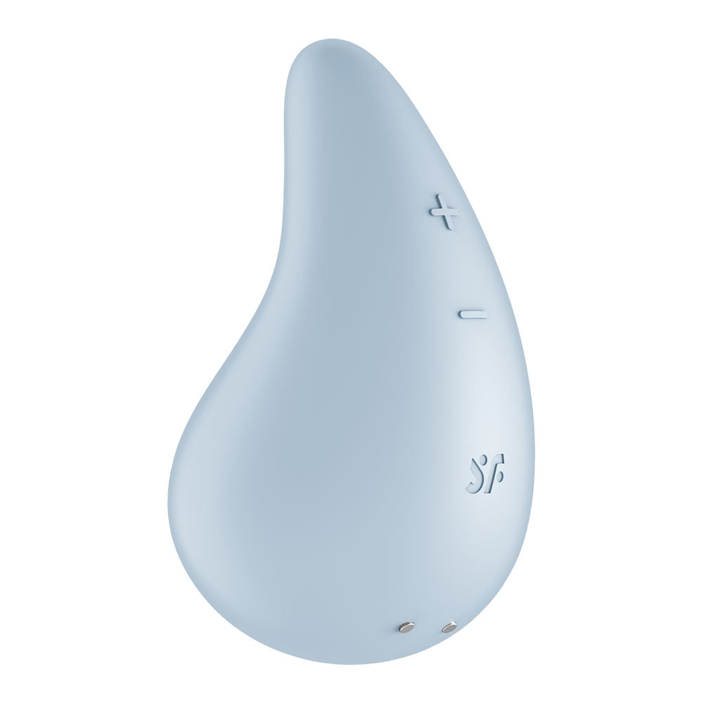 Discover the Satisfyer Dew Drop - Light Blue: a teardrop-shaped, waterproof rechargeable stimulator with a smooth silicone finish. Intuitive plus/minus controls and a discreet logo enhance its sleek design, while dual metal contacts at the base ensure easy USB charging for pure indulgence.