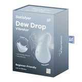 The product box for the Satisfyer Dew Drop - Light Blue USB Rechargeable Stimulator features a teardrop design image and highlights its super-soft double silicone material. This waterproof, beginner-friendly device offers 15 intensity settings and has a predominantly blue box with white text.