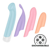 The Satisfyer Playful Four is a USB rechargeable light blue G-spot vibrator with a curved tip, complemented by three silicone attachments in pastel purple, pink, and peach. Each uniquely shaped attachment completes this versatile set, with their exchangeable nature highlighted by an icon below.