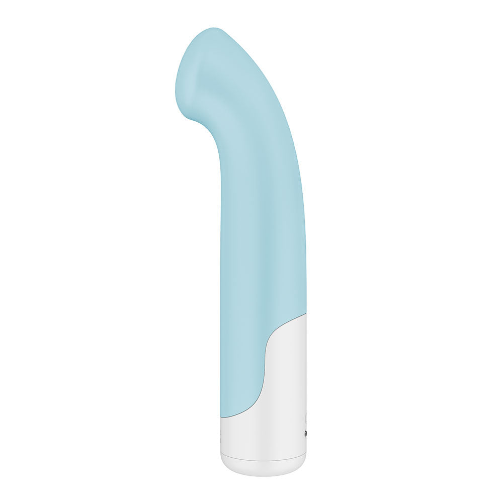 The Satisfyer Playful Four is a USB rechargeable vibrator in pastel blue with a curved design and smooth texture. Its sleek, ergonomic form features a white base contrasting the light blue shaft, offering comfortable handling as an ideal G-spot stimulator with 4 interchangeable settings.