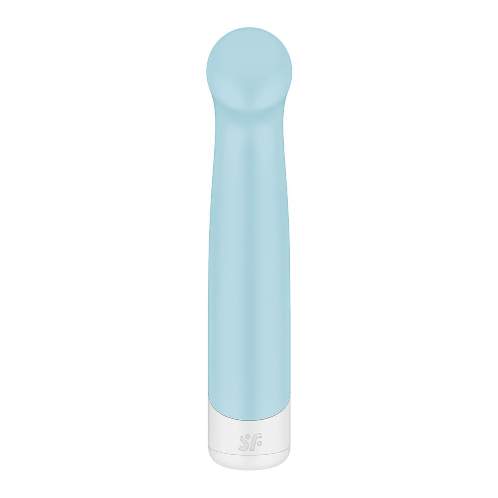 The Satisfyer Playful Four is a pastel blue USB rechargeable vibrator with a rounded top and smooth body. A white band at the bottom features its logo. This sleek, modern G-spot toy offers a minimalist, ergonomic design for effortless pleasure with four interchangeable heads.