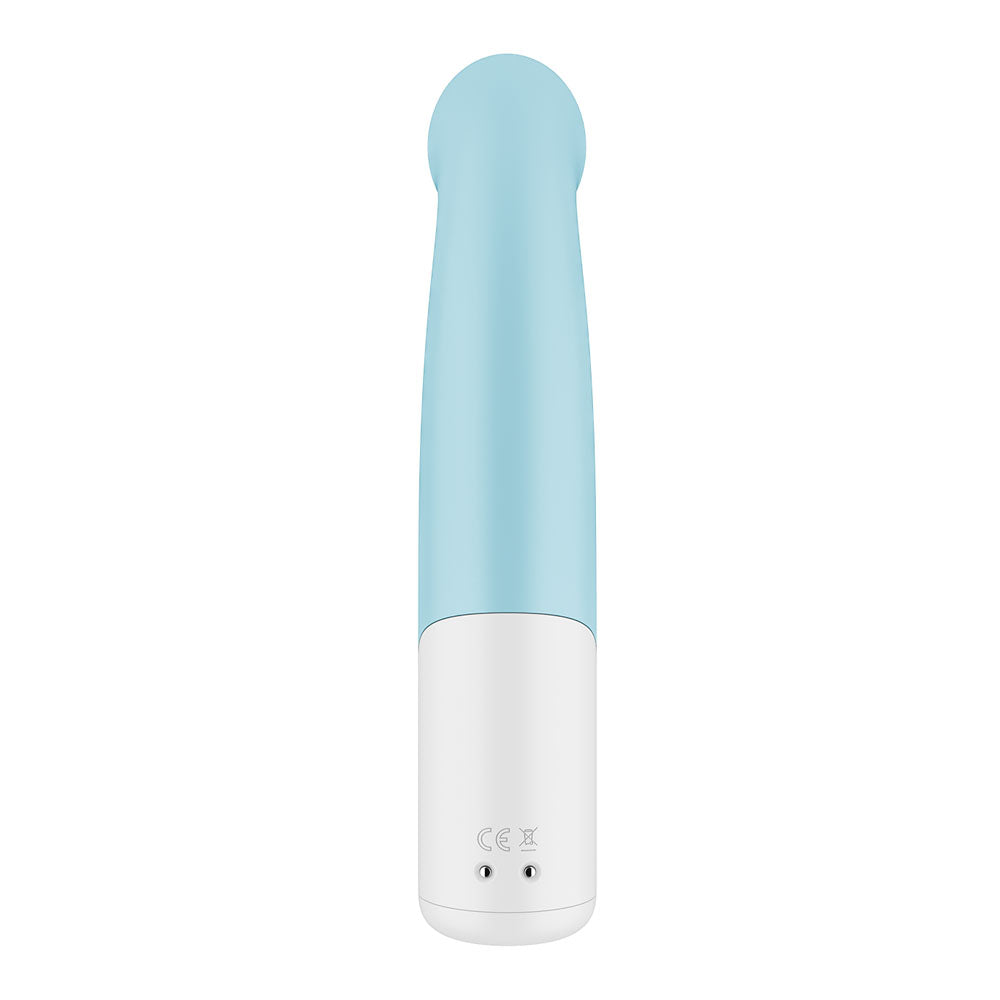 The image shows a blue, cylindrical device similar to the Satisfyer Playful Four, featuring a rounded top and white base with a CE marking and charging holes. Its smooth design and two-tone color scheme suggest it could be part of an elegant USB rechargeable vibrator set with 4 interchangeable functions.