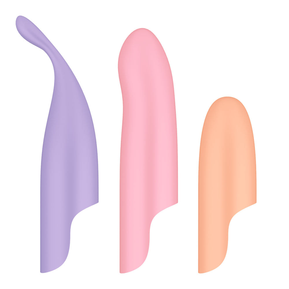 Three abstract, curved brushstroke shapes in pastel colors—purple on the left, pink in the middle, orange on the right—emulate the sleek design of a Satisfyer Playful Four USB rechargeable vibrator with 4 interchangeable heads, set against a plain white background.