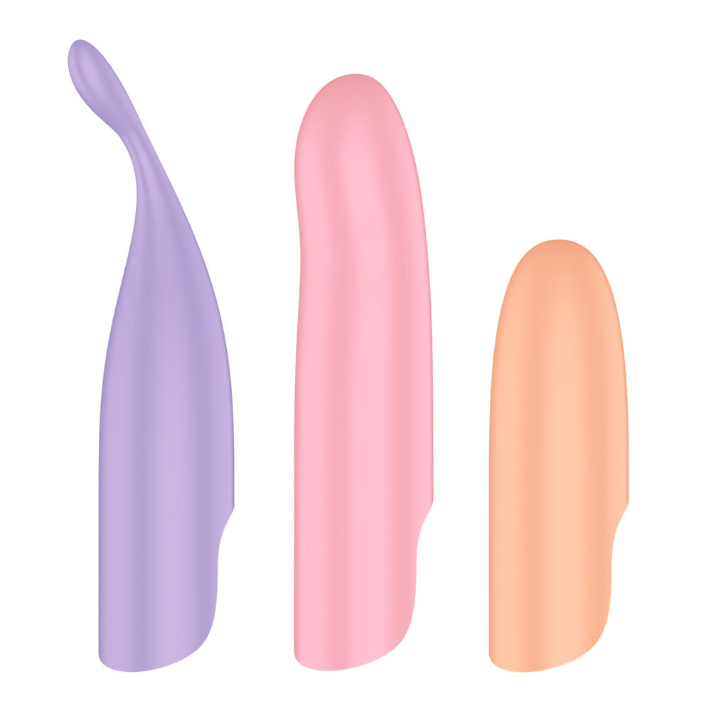 The Satisfyer Playful Four set, displayed against a white background, features three silicone vibrators. Each has a smooth, curved shape: a lavender one with a unique twist for G-spot stimulation, a pink one with a rounded end, and a peach-colored one with a slightly tapered tip.