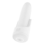 The Satisfyer Playful Four is a sleek, minimalist white cylindrical wearable ring with a smooth top, featuring a power button at the base (marked by a circular symbol) and logo near the top. It comes as part of the USB Rechargeable Vibrator set with 4 interchangeable features.