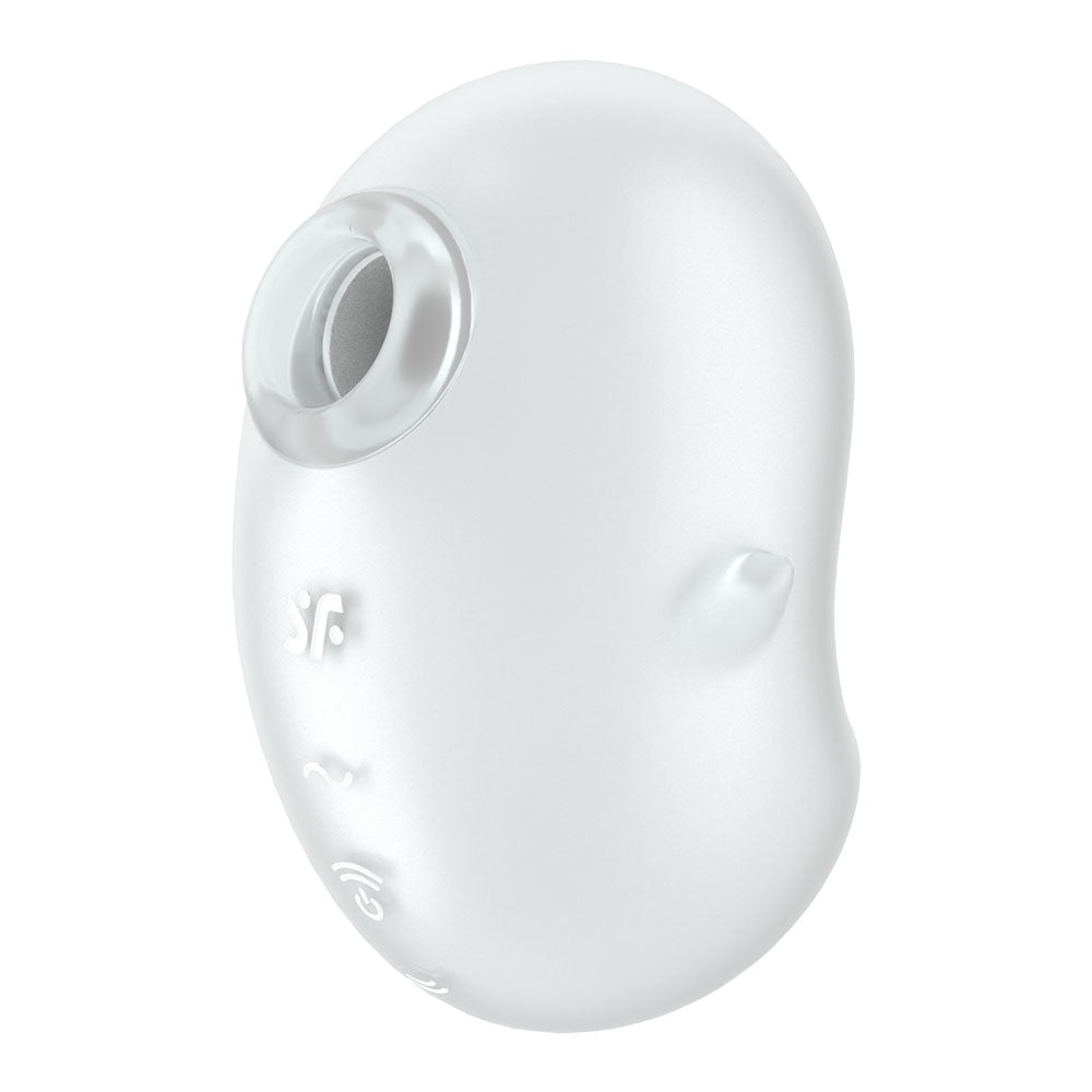 The Satisfyer Cutie Ghost is a white, egg-shaped USB rechargeable air pulse stimulator with a circular opening on one end. Its smooth, minimalist design includes embossed icons like waves and network symbols, resembling modern tech or personal care gadgets.