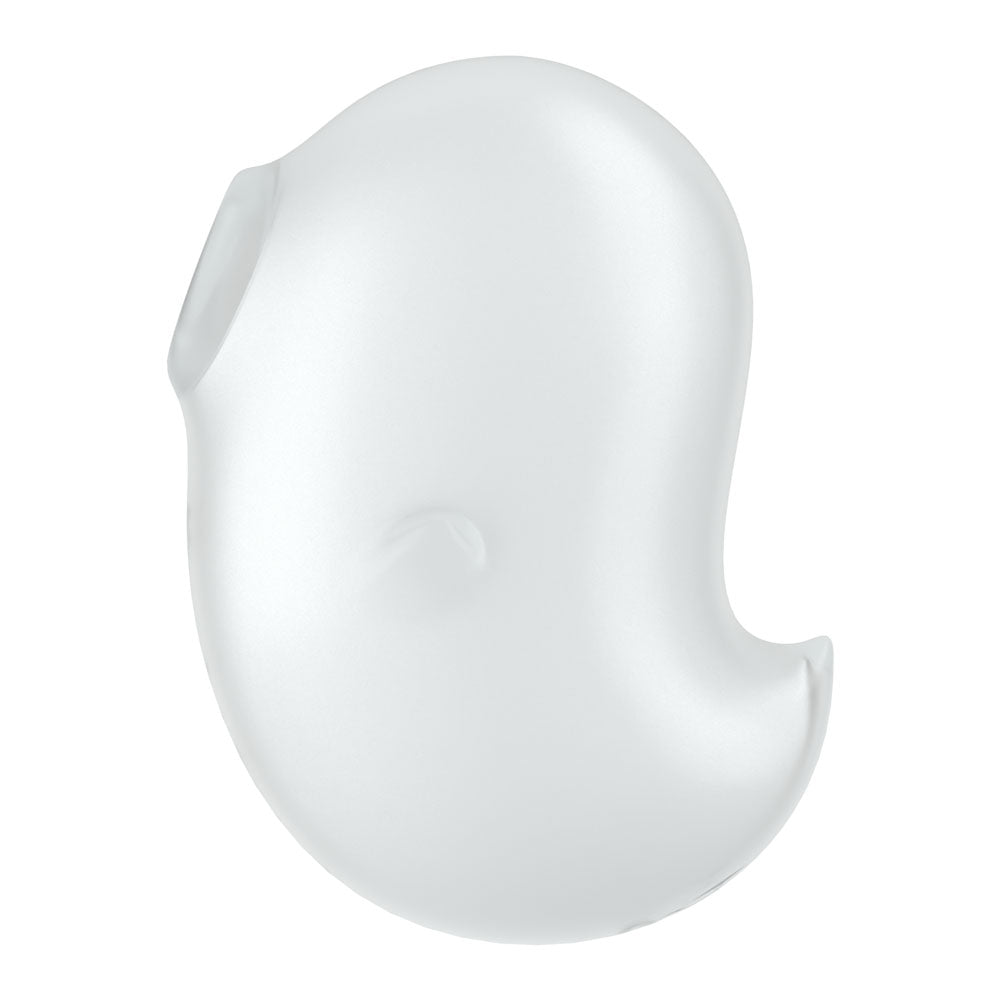 Resembling a Satisfyer Cutie Ghost, this translucent, bean-shaped glass object with smooth curves and a subtle indentation suggests modern sensuality. A small opening and glossy texture enhanced by lighting accentuate its organic aura.