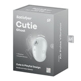 The Satisfyer Cutie Ghost—a white USB rechargeable air pulse stimulator—boasts Air Pulse, Vibration, and Double Silicone. Its playful design in a sleek grey box ensures joy and offers a 15-year warranty.