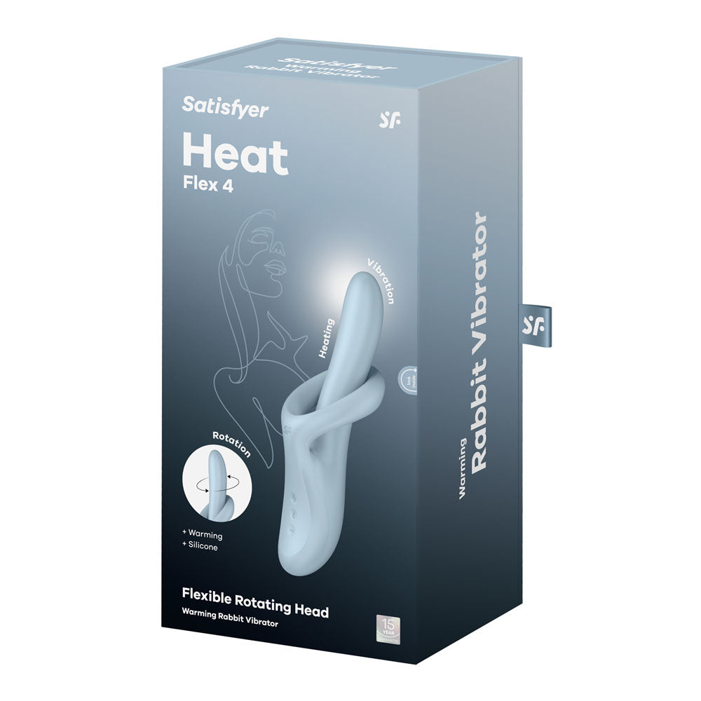 The Satisfyer Heat Flex 4s product box highlights its blue silicone design, featuring G-spot stimulation with a flexible rotating head and warming function. A dark background with white text and a woman silhouette illustration completes the presentation of this blue USB rechargeable heating vibrator.