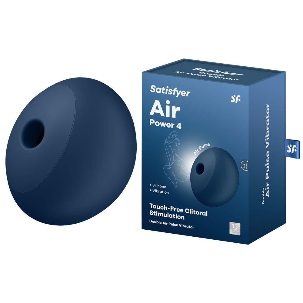 Box and product image of the Satisfyer Air Power 4 - Navy USB Rechargeable Air Pulse Stimulator, a touch-free clitoral device. The dark blue packaging highlights features like silicone material, air pulse technology, and vibration capabilities.