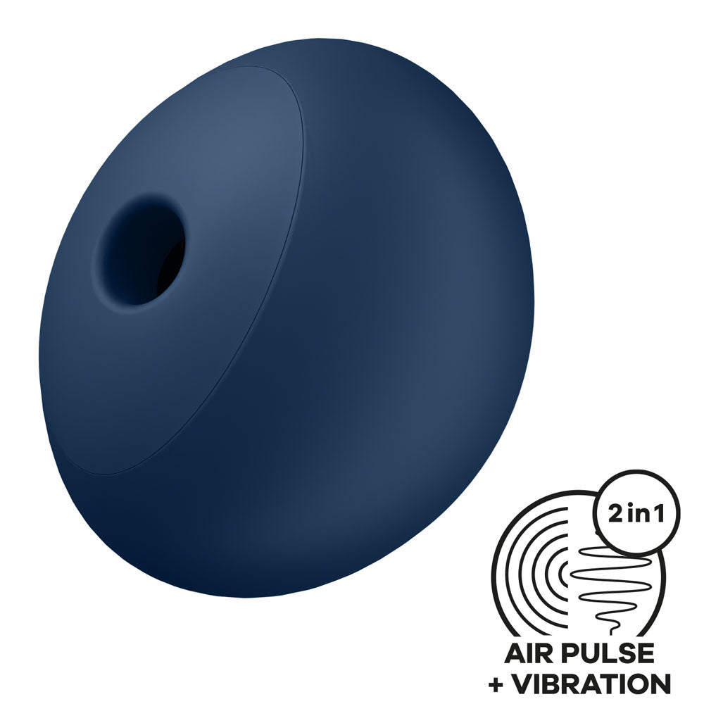 The Satisfyer Air Power 4 in navy is a smooth, matte round object with a small indentation, designed for personal use. It features 2 in 1 functionality with Air Pulse + Vibration, as indicated by the label on the bottom right corner.