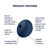 The Satisfyer Air Power 4 - Navy USB Rechargeable Air Pulse Stimulator is an oval, navy blue device with labels for its features. It provides clitoral stimulation via air pressure waves and vibrations, is made of body-safe silicone, has two motors, offers 11 pressure and 12 vibration settings, and uses magnetic charging.