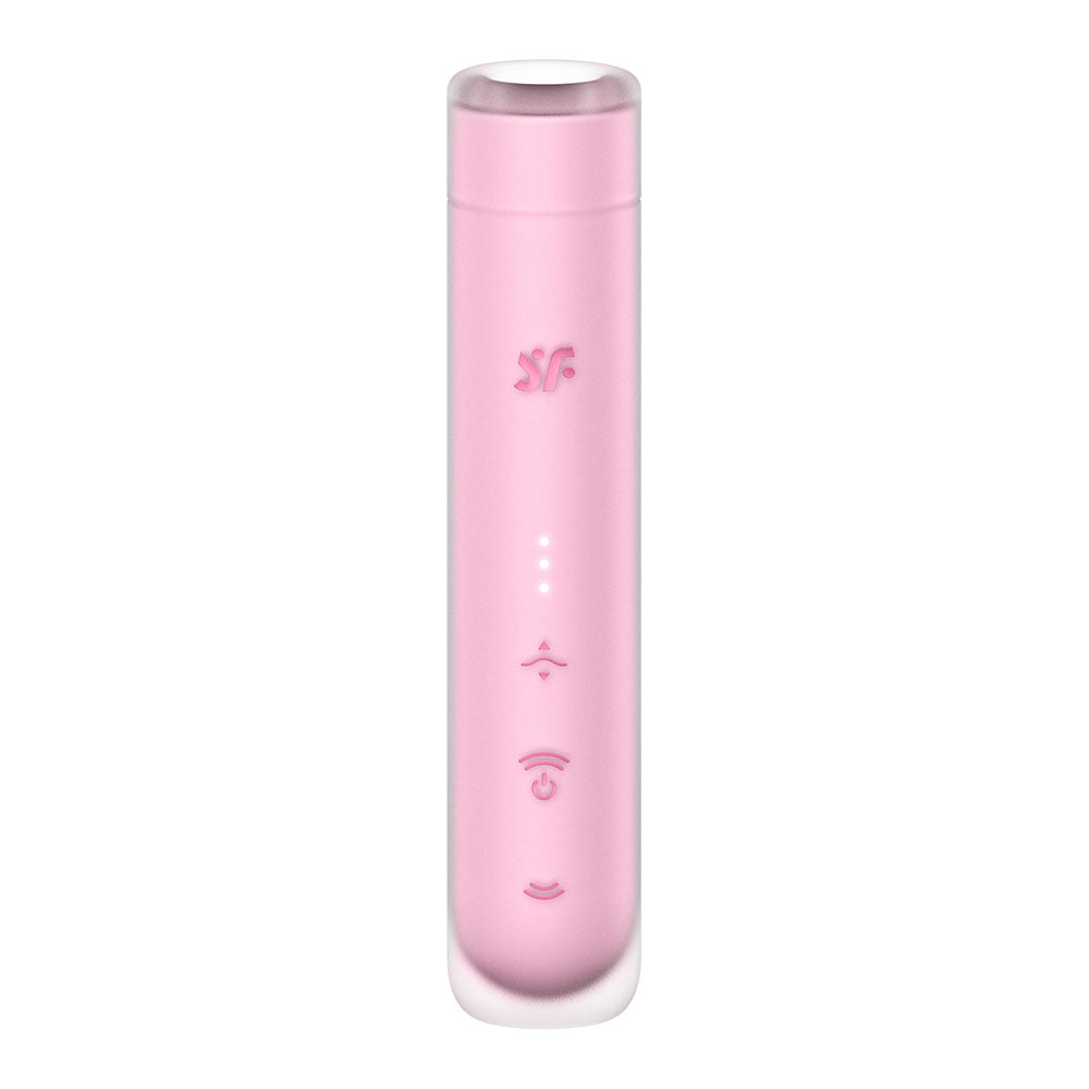 The Satisfyer First Kiss - Pink is a modern, pink cylindrical Air Pulse Stimulator with white ends and four front control buttons. It includes a silicone layer, features various symbols for different intensities, and has subtle branding above the buttons.