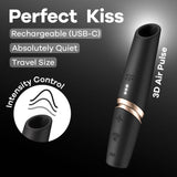 Image of the Satisfyer Perfect Kiss - Black USB Rechargeable Air Pulse Stimulator, a sleek, cylindrical design with a gold accent. Text reads: Perfect Kiss, Rechargeable (USB-C), Absolutely Quiet, Travel Size, and 3D Air Pulse. Icons indicate customizable settings with intensity control.