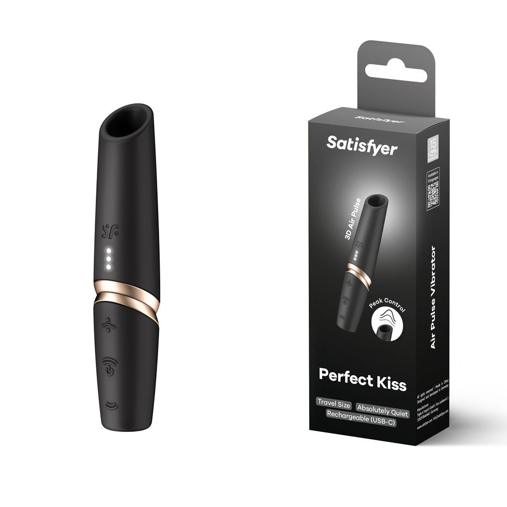 The stylish Satisfyer Perfect Kiss - Black USB Rechargeable Air Pulse Stimulator features customizable settings, a curved design with rose gold accents, and convenient control buttons. It comes in matching packaging that highlights its Travel Size and Rechargeable USB-C capabilities.