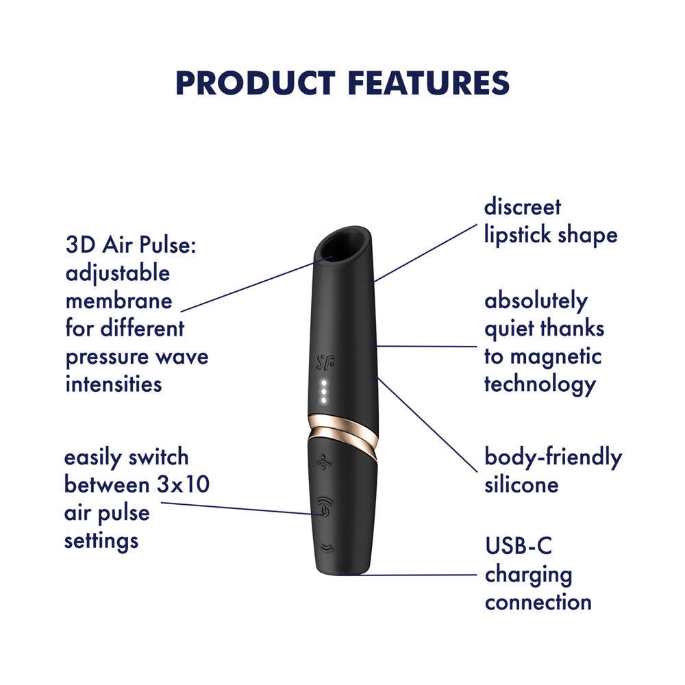 The Satisfyer Perfect Kiss is a black, discreet, lipstick-shaped Air Pulse Stimulator with gold accents and soft curves. It features 3D Air Pulse for customizable pressure waves, quiet magnetic technology, body-friendly silicone, USB-C charging, customizable settings, and multiple air pulse options.