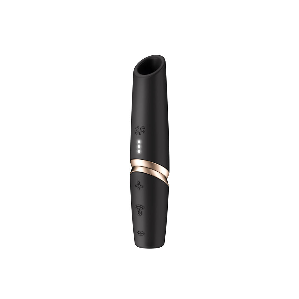 A sleek, black USB rechargeable air pulse stimulator, the Satisfyer Perfect Kiss features a tapered cylindrical design with indicator lights and customizable settings. Its modern look includes gold accents and a slightly angled top for precision suction, set against a plain white backdrop.