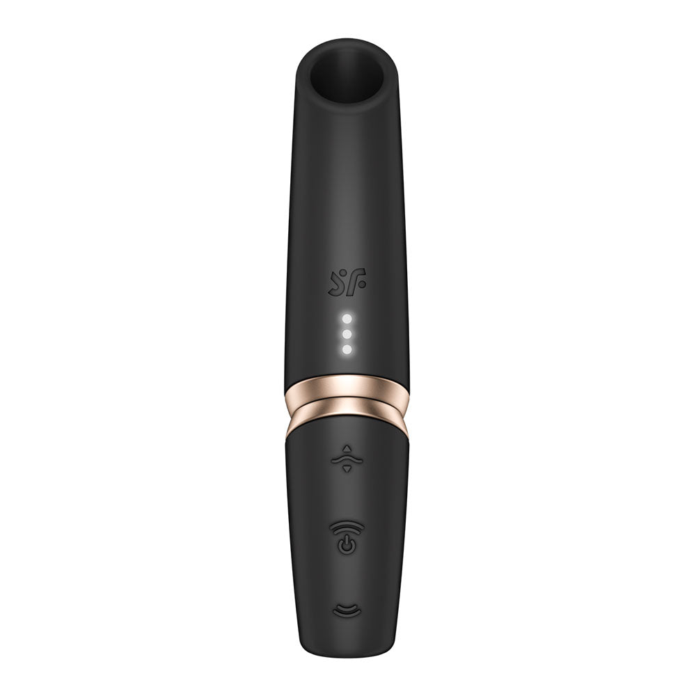 The Satisfyer Perfect Kiss is a sleek black cylindrical USB rechargeable air pulse stimulator, distinguished by a gold band. It features LED indicators, icons for fan, power, and sound wave with customizable settings and a matte finish for innovative use.