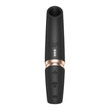 The Satisfyer Perfect Kiss is a sleek black cylindrical USB rechargeable air pulse stimulator, distinguished by a gold band. It features LED indicators, icons for fan, power, and sound wave with customizable settings and a matte finish for innovative use.