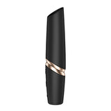 A sleek black lipstick-like Air Pulse Stimulator stands upright with a matte finish, featuring a gold band dividing the cap and base. Its slightly slanted top adds elegance to its modern design, similar to how the Satisfyer Perfect Kiss offers customizable settings for beauty essentials.