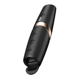 The Satisfyer Perfect Kiss - Black USB Rechargeable Air Pulse Stimulator features a sleek curved design with a gold accent ring, customizable settings, visible icons, and an LED-lit matte surface. A flap covering the USB-C port combines style and function.