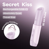 The lilac Satisfyer Secret Kiss is a USB-C rechargeable, travel-sized Air Pulse Stimulator featuring intensity controls and quiet operation, ensuring discretion with its cylindrical design and labeled on a dark gradient background.