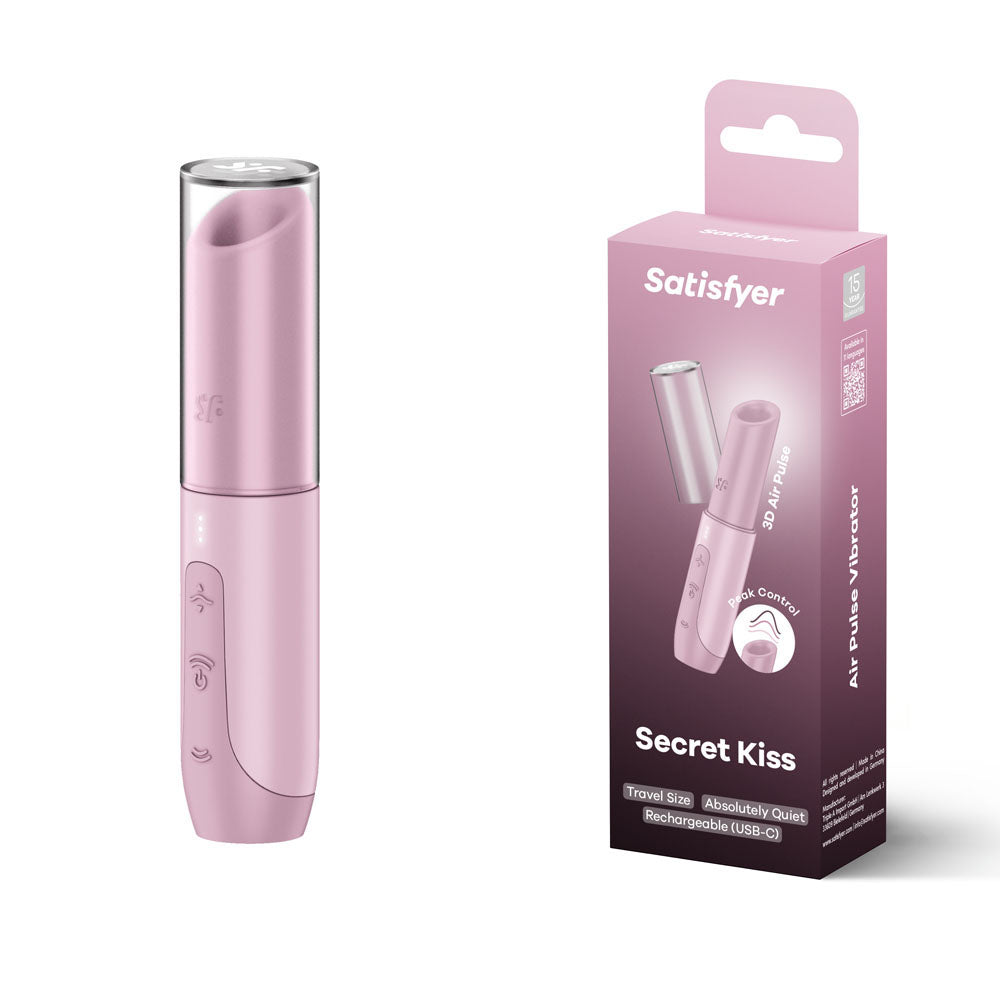 A lilac Satisfyer Secret Kiss Air Pulse Stimulator rests beside its box, featuring a discreet and sleek design with intuitive controls. The box highlights Travel-Ready, Absolutely Quiet, and Rechargeable USB-C, along with the product image and branding.