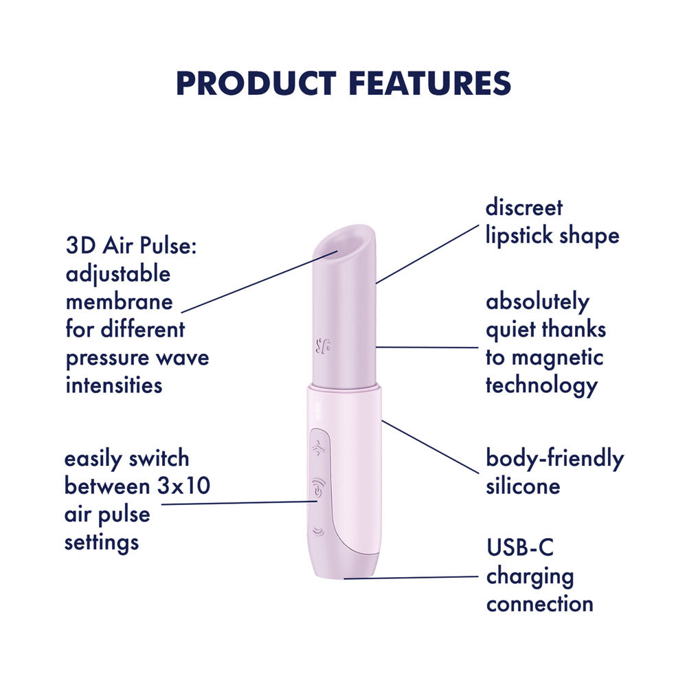 The Satisfyer Secret Kiss - Lilac is a travel-friendly air pulse stimulator with a discreet lipstick design. It features adjustable 3D air pulse intensities, 3x10 settings, body-friendly silicone, quiet magnetic tech, and USB-C charging.